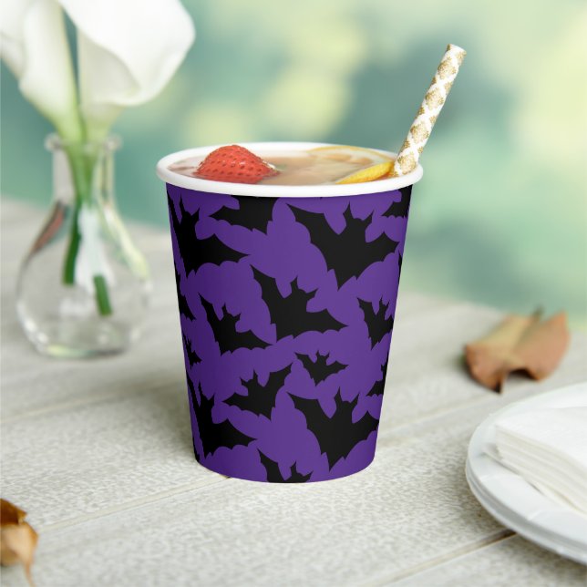 Halloween black bats purple cool spooky pattern paper cups (Insitu)