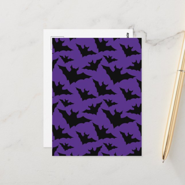 Halloween black bats purple cool spooky pattern postcard (Front/Back In Situ)