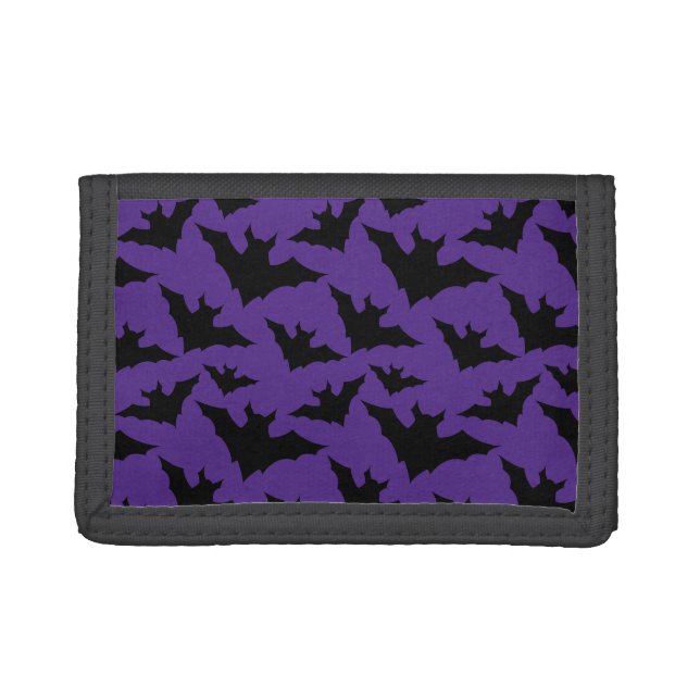 Halloween black bats purple cool spooky pattern trifold wallet (Front)