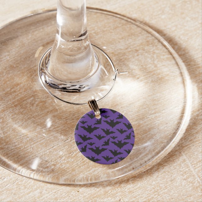 Halloween black bats purple cool spooky pattern wine charm (In Situ)