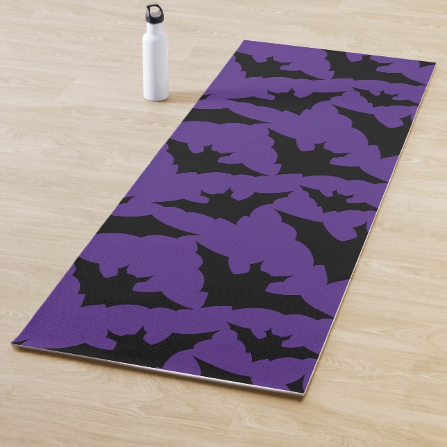 Halloween black bats purple cool spooky pattern yoga mat (In Situ)