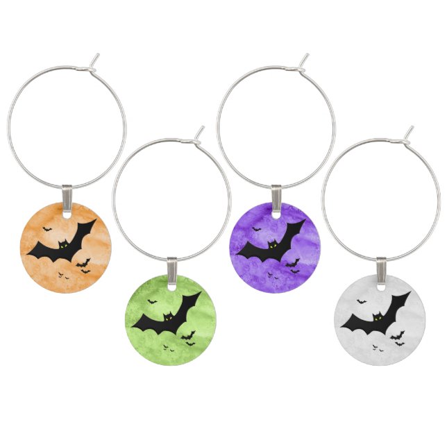Halloween Black Bats Silhouette  4-color Set Wine Charm (Staggered)