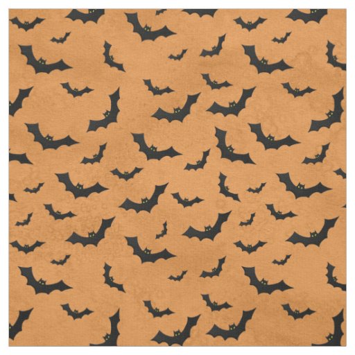 Halloween Black Bats Silhouettes Pattern on Orange Fabric