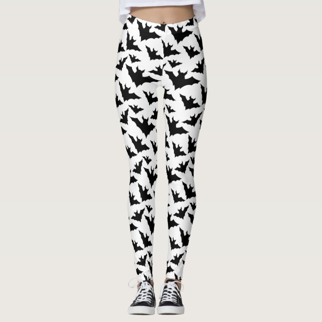 Halloween black bats white cool spooky pattern leggings (Front)