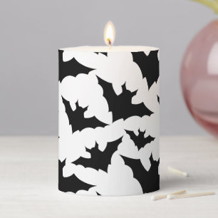Halloween black bats white cool spooky pattern pillar candle