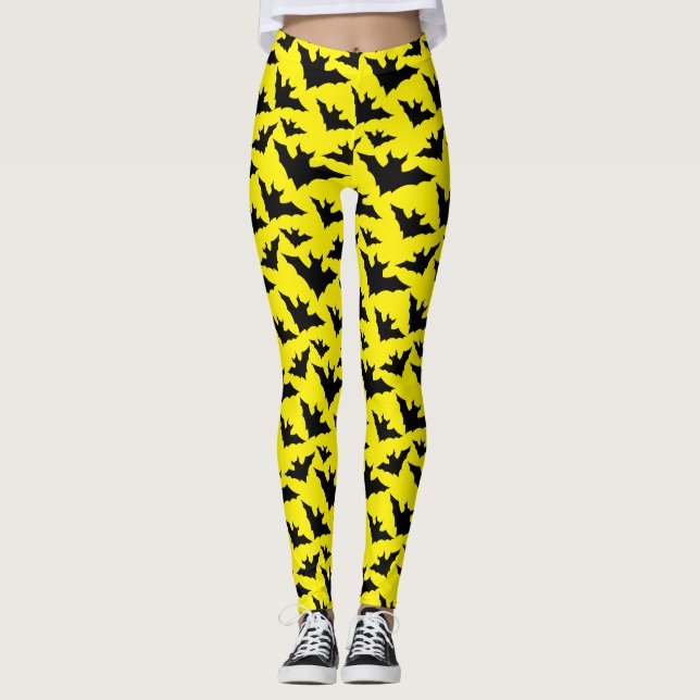 Halloween black bats yellow cool spooky pattern leggings (Front)