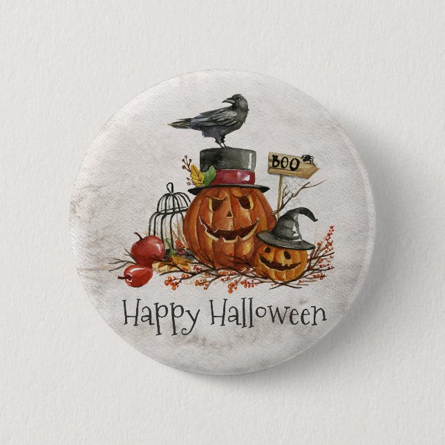 Halloween Black Bird and Pumpkins | Button (Front)