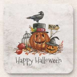 Halloween Black Bird and Pumpkins   Coaster