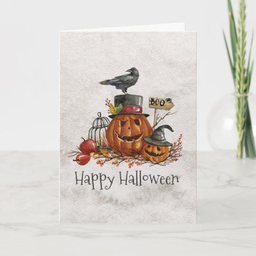 Halloween Black Bird and Pumpkins Greeting Card