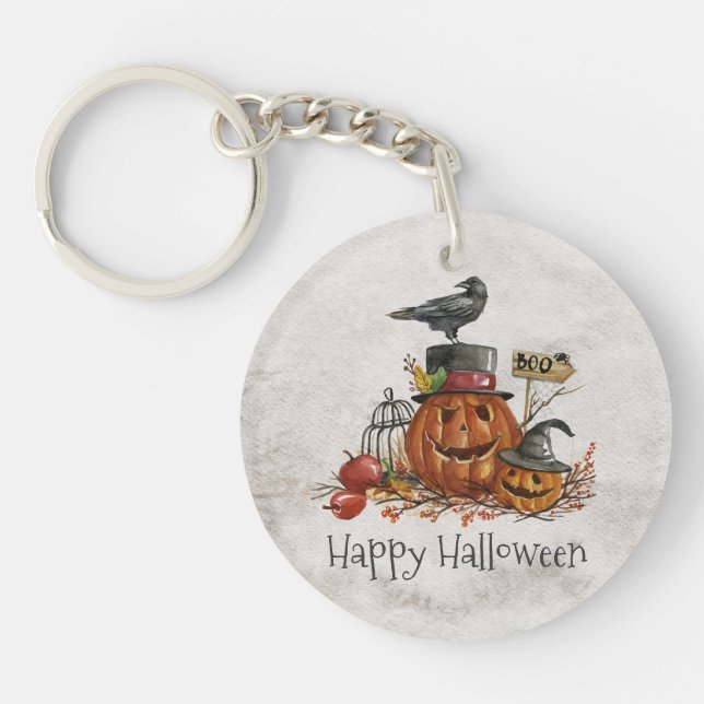 Halloween Black Bird and Pumpkins | Keychain (Front)