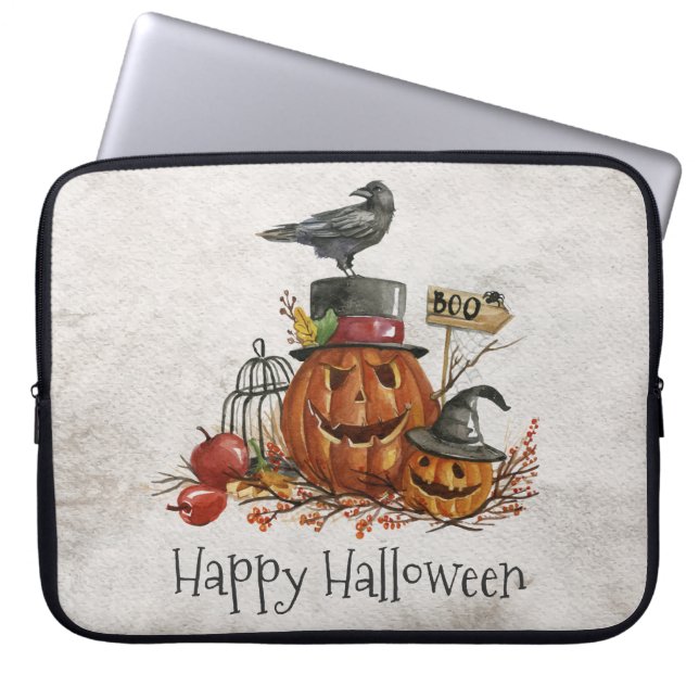 Halloween Black Bird and Pumpkins Laptop Sleeve (Front)