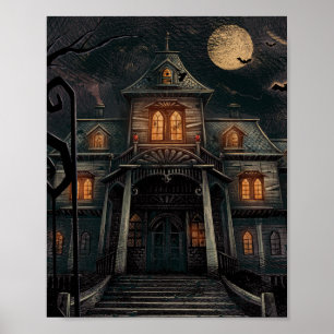 Halloween Black Blue Orange Haunted Manor Poster