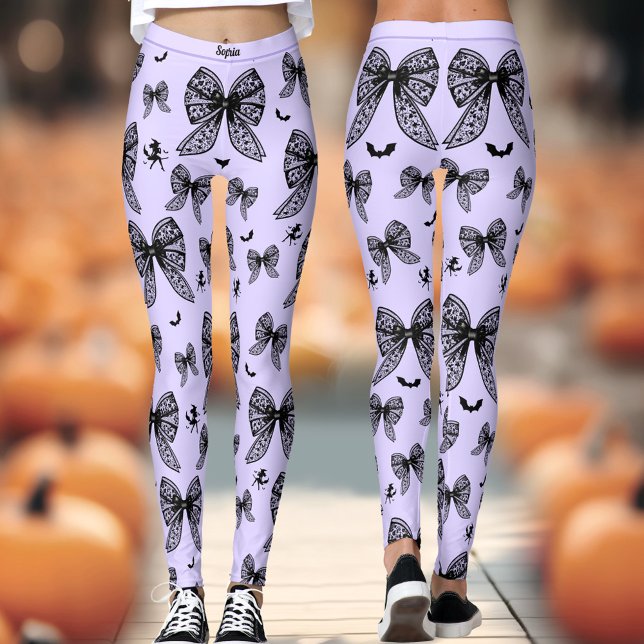 Halloween Black Bow Coquette Purple Witch Name Leggings (Halloween Black Bow Coquette Purple Witch Name Leggings)