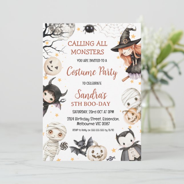 Halloween Black Brown Kids Costume Party Birthday Invitation (Standing Front)