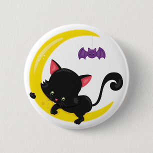 Halloween Black cat and Bat on Crescent Moon Button