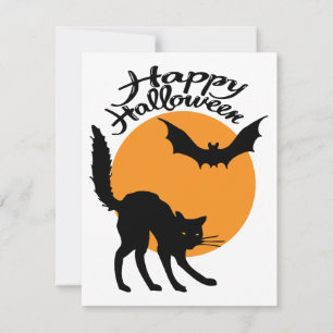 Halloween black cat and bat with moon, halloween card