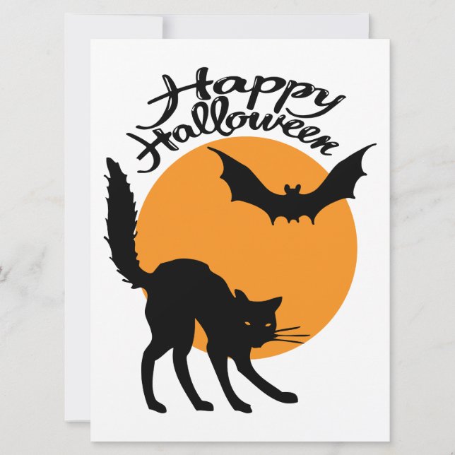 Halloween black cat and bat with moon, halloween card (Front)