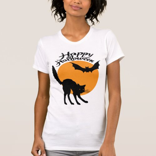 Halloween black cat and bat with moon halloween T_Shirt