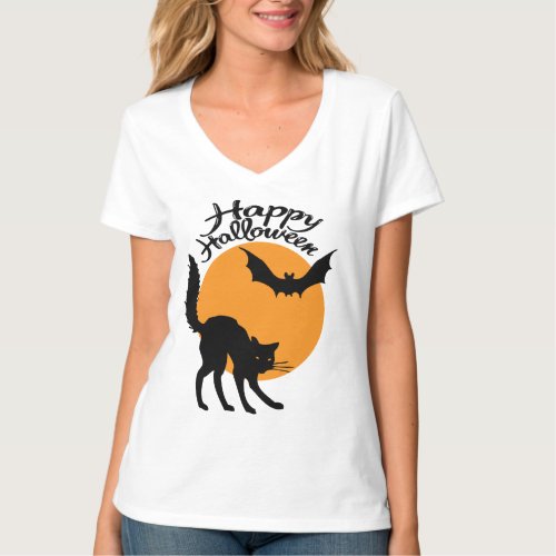 Halloween black cat and bat with moon halloween T_Shirt