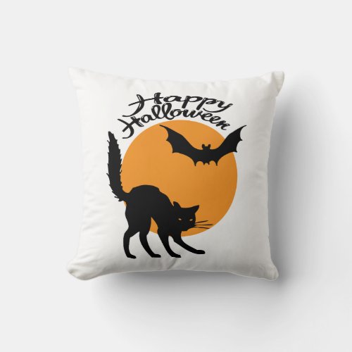 Halloween black cat and bat with moon halloween throw pillow