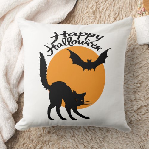 Halloween black cat and bat with moon halloween throw pillow