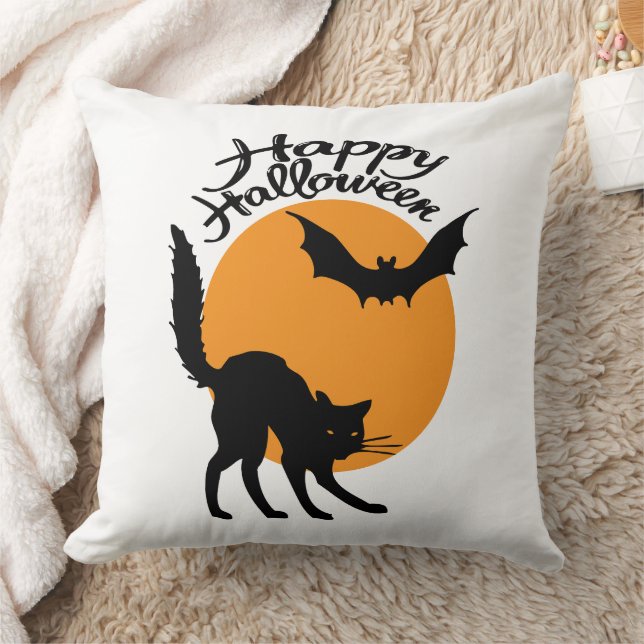 Halloween black cat and bat with moon, halloween throw pillow (Blanket)