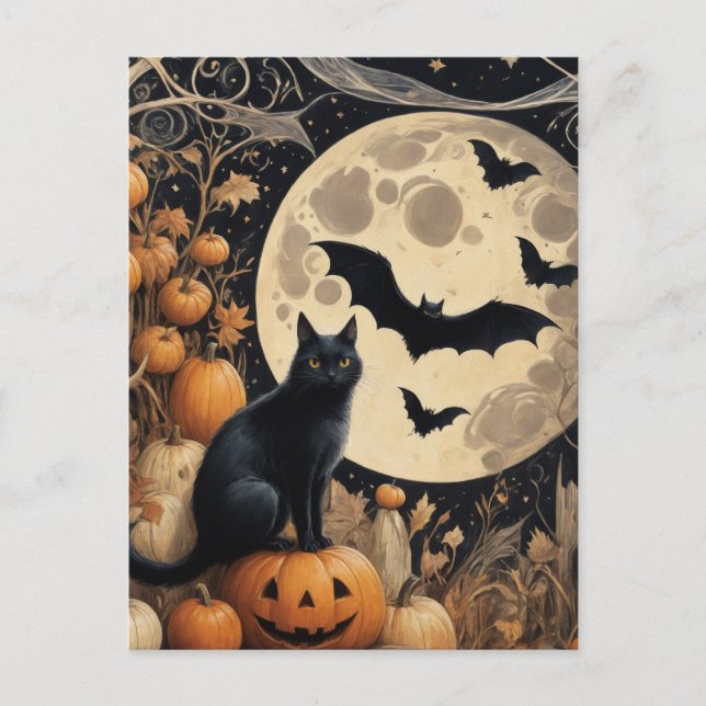 Halloween Black Cat and Bats Postcard (Front)