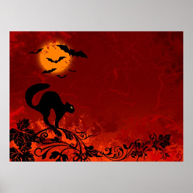 Halloween Black Cat and Bats Poster (Front)