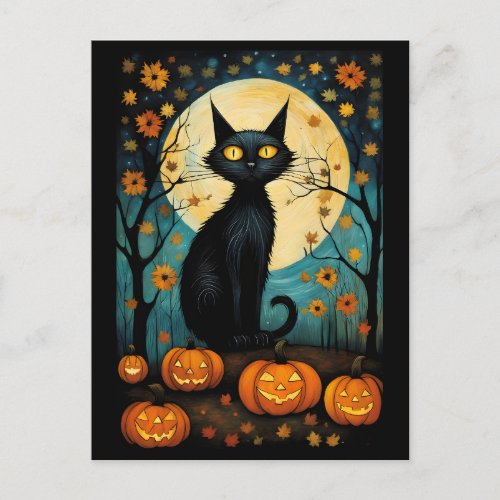 Halloween Black Cat And Full Moon Creepy Pumpkin Postcard