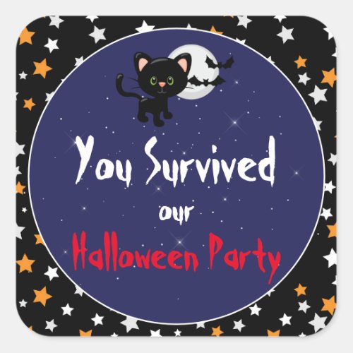 Halloween Black Cat and Full Moon with Stars Square Sticker