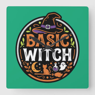 Halloween: black cat and ghost – Basic Witch. Square Wall Clock