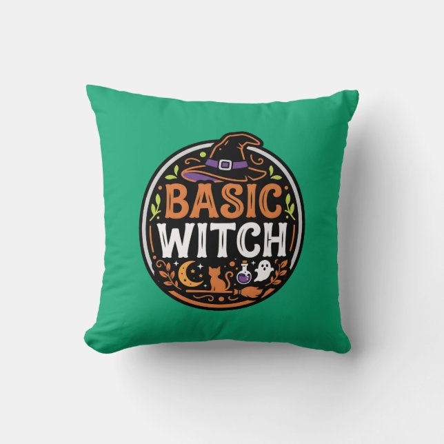 Halloween: black cat and ghost – Basic Witch. Throw Pillow (Front)