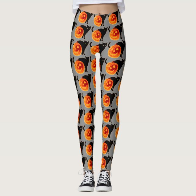 Halloween Black Cat and Jack-O-Lantern Leggings (Front)