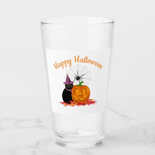 Halloween Black Cat and Jack O Lantern Party Glass