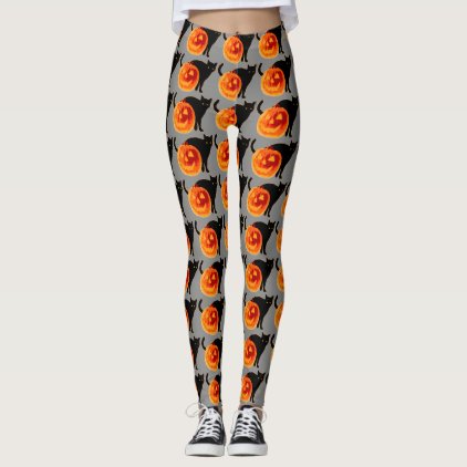 Halloween Black Cat and Jack-O-Lantern Whimsical Leggings