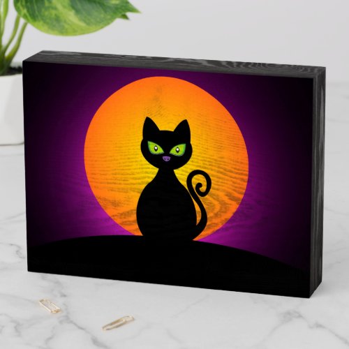 Halloween Black Cat and Moon Wooden Box Sign