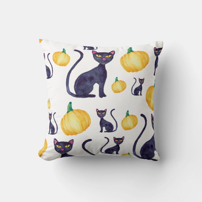 Halloween Black Cat And Orange Pumpkins Design Throw Pillow (Front)