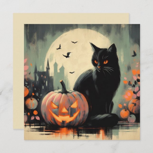 Halloween Black Cat and Pumpkin Card (Front/Back)