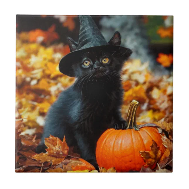 Cat Paddle Design Halloween Black Cat and Pumpkin Ceramic Tile | Zazzle
