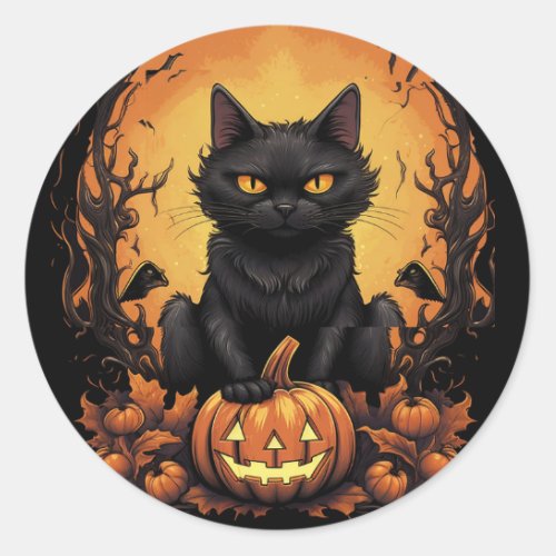 Halloween  Black Cat and Pumpkin Classic Round Sticker