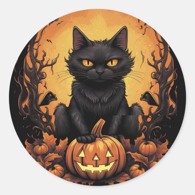 Halloween | Black Cat and Pumpkin Classic Round Sticker (Front)