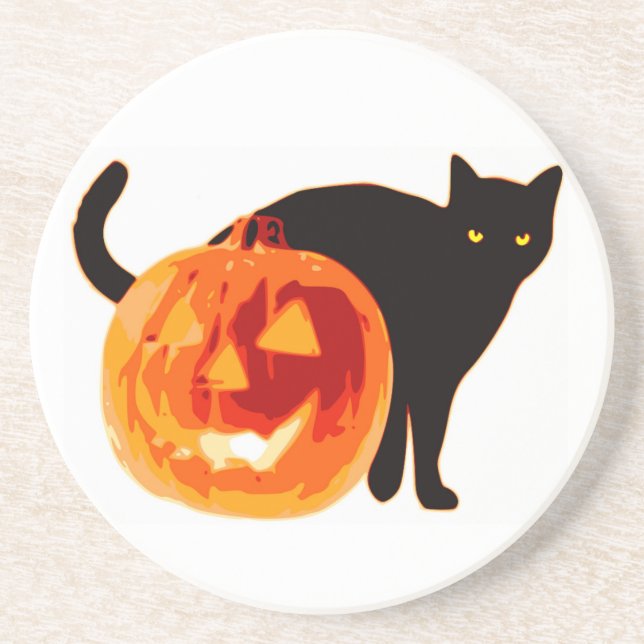 HALLOWEEN BLACK CAT AND PUMPKIN DRINK COASTER (Front)