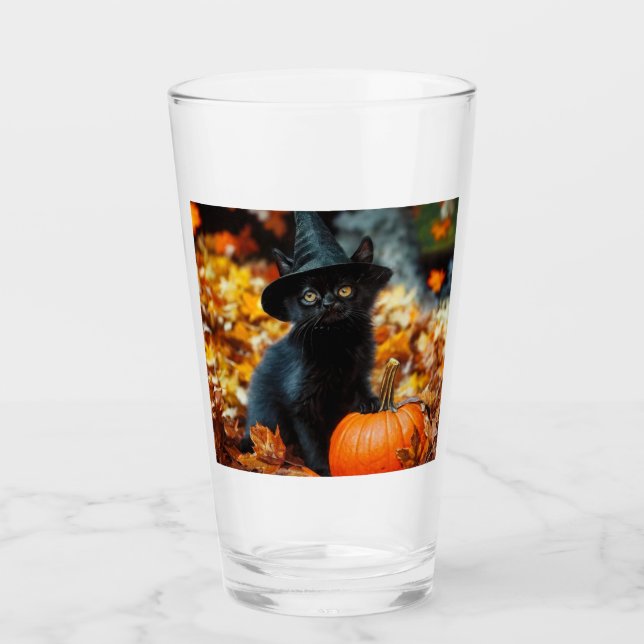 Halloween Black Cat and Pumpkin Glass (Front)