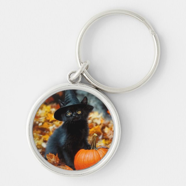 Halloween Black Cat and Pumpkin Keychain (Front)