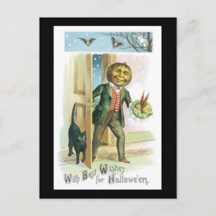 Halloween Black Cat and Pumpkin Man Postcard