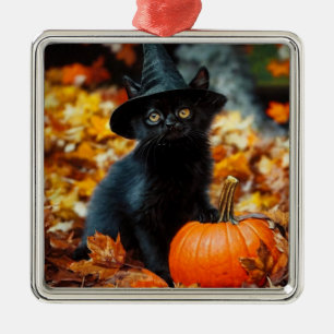 Halloween Black Cat and Pumpkin Metal Ornament