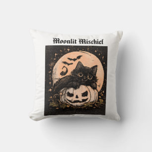 Halloween Black Cat and Pumpkin Moon Throw Pillow