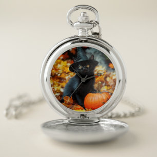 Halloween Black Cat and Pumpkin Pocket Watch