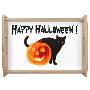 HALLOWEEN BLACK CAT AND PUMPKIN SERVING TRAY