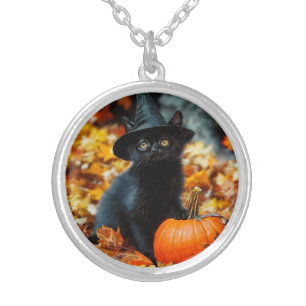 Halloween Black Cat and Pumpkin Silver Plated Necklace